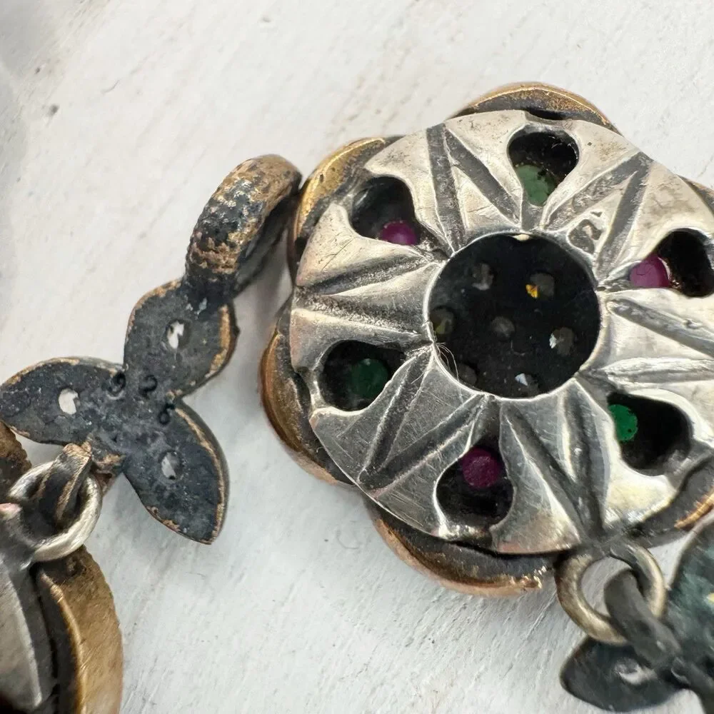 Ruby And Emerald Sterling Silver And Brass Turkish Flower Earrings And Pendant